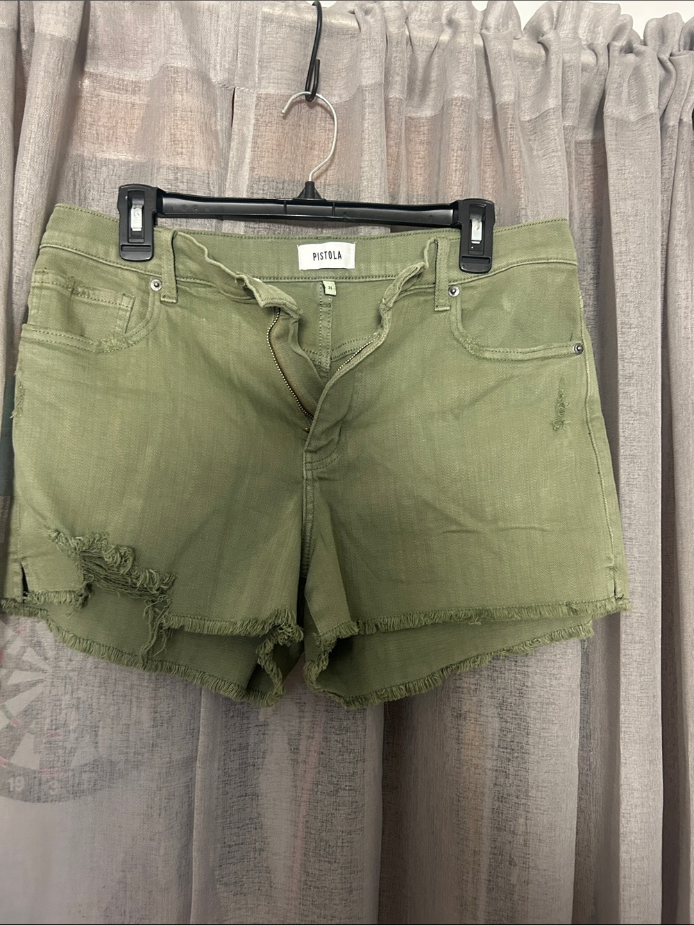 pistola Olive Green Frayed Hem Distressed Denim Shorts